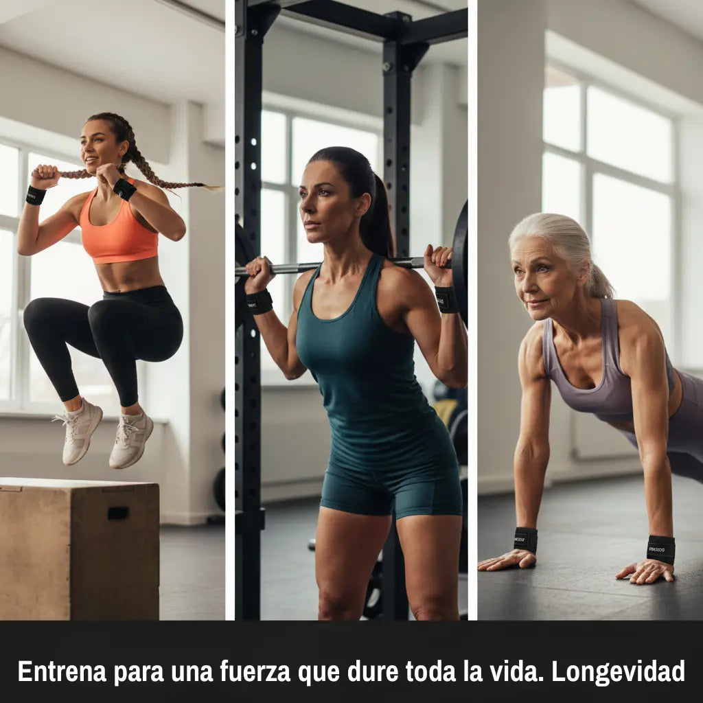 Tres paneles mostrando entrenamiento funcional y de fuerza con accesorios NQA para protección de articulaciones.