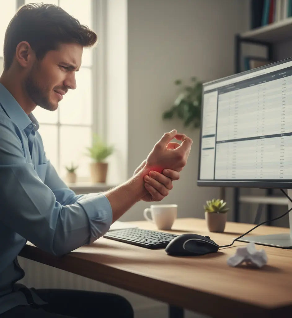 Hombre en una oficina con dolor de muñeca frente al ordenador, destacando la importancia de la recuperación y protección con productos NQA.