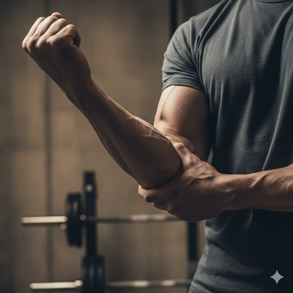 Primer plano de un brazo fuerte sosteniendo el antebrazo, representando la salud muscular y la fuerza de agarre promovida por NQA para una vida larga.