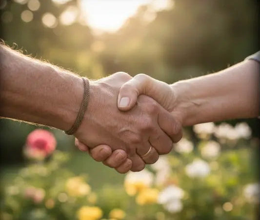 Un apretón de manos firme entre dos personas en un entorno natural, simbolizando la fuerza, la salud cardiovascular y la longevidad promovida por NQA.